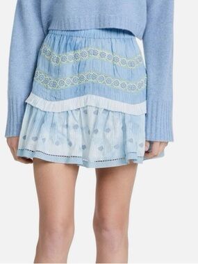 LoveShackFancy Felice Mini Skirt Blue Embroidered Tiered Ruffle Cotton Large